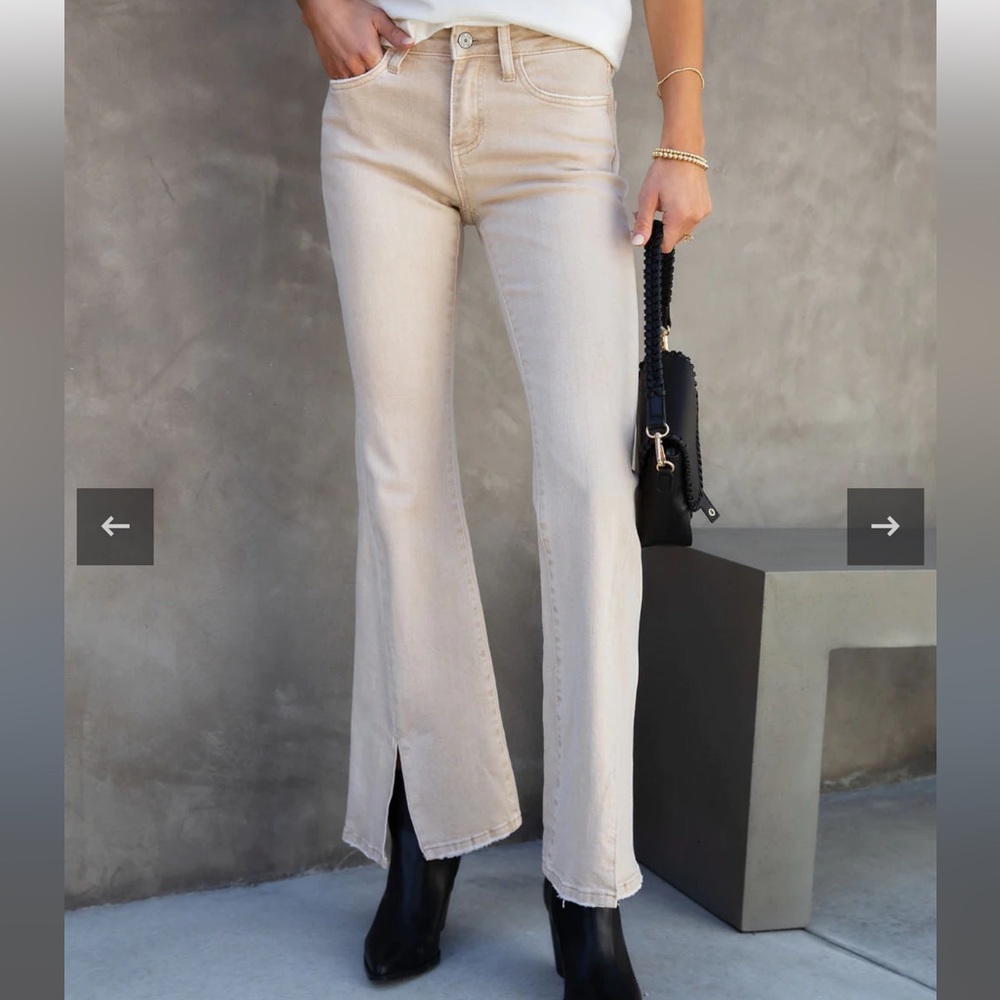 Vici mid rise split hem flare jeans- sand color